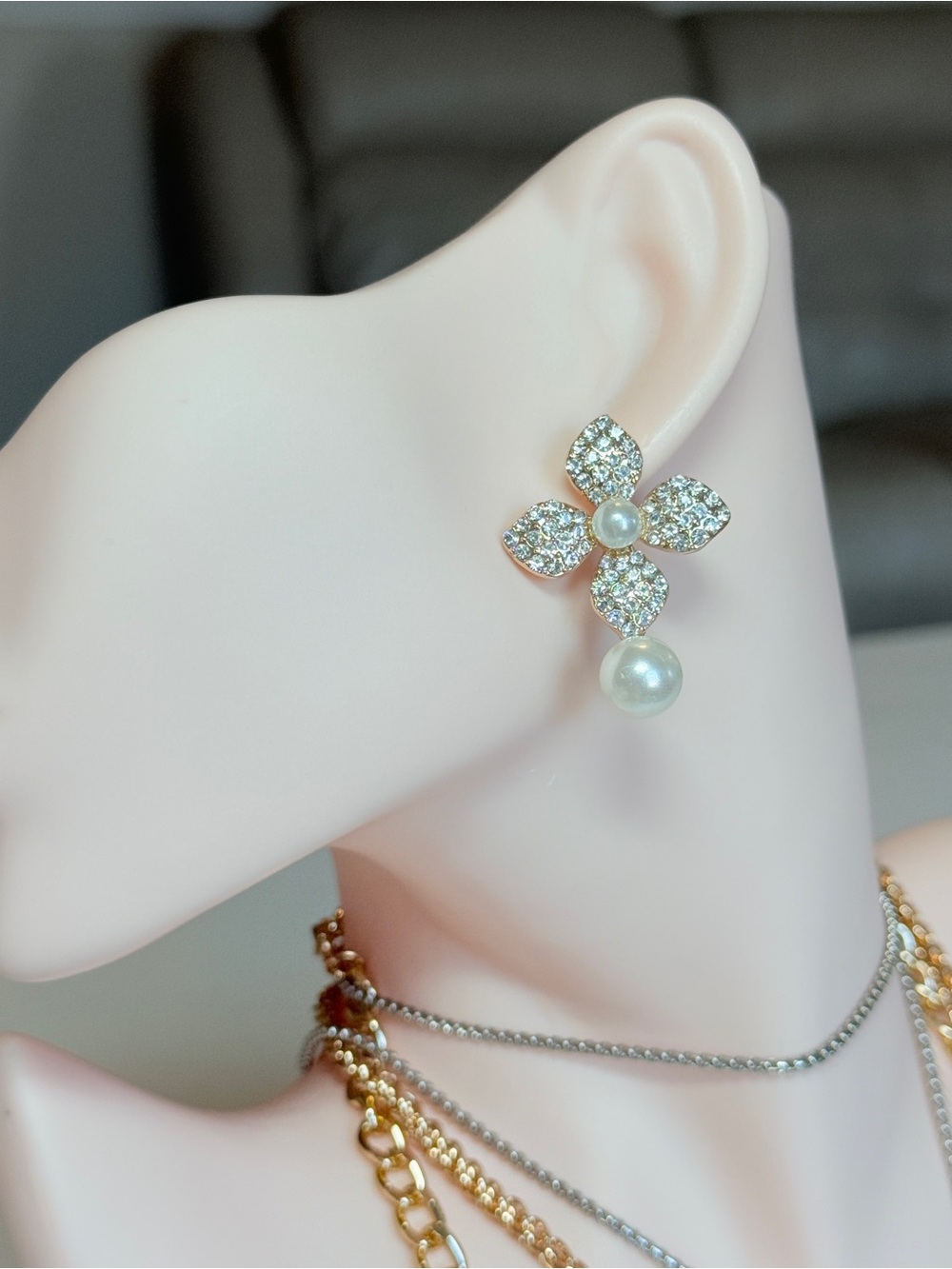 Gold Tone Crystal Flower Pearl Earrings